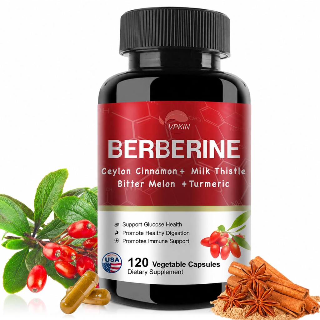 Berberine Supplement 19,060mg, 伯伯林与锡兰锡桂,Bitter Melon, Millk 硝酸盐,伯伯林HCl Supplement(120 Capsules)