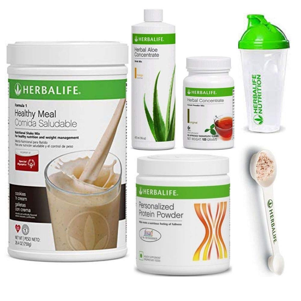 Herbalife 摇摆健康餐具 QQ 饼干和奶油配方 1 + Herbal Aloe(芒果) + 草茶 聚焦 + 蛋白粉 + 摇摆杯和Spoon