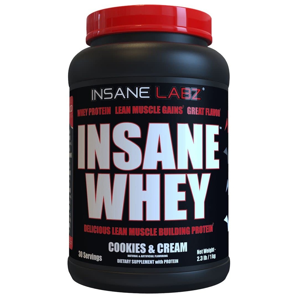 Insane Labz Insane Whey 100% 肌肉建筑Whey蛋白,BCAA 氨基简况,大众增益器,餐具更换(Cookies & Cream, 30 services)