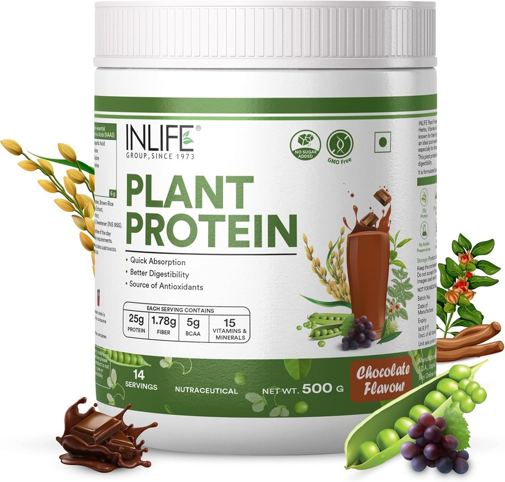 INLIFE 植物蛋白粉 - Pea, Quinoa & Brown Rice - 25g 蛋白质 - Ashwagandha, Green Tea & Grape种子提取 - 补充(500g,巧克力)