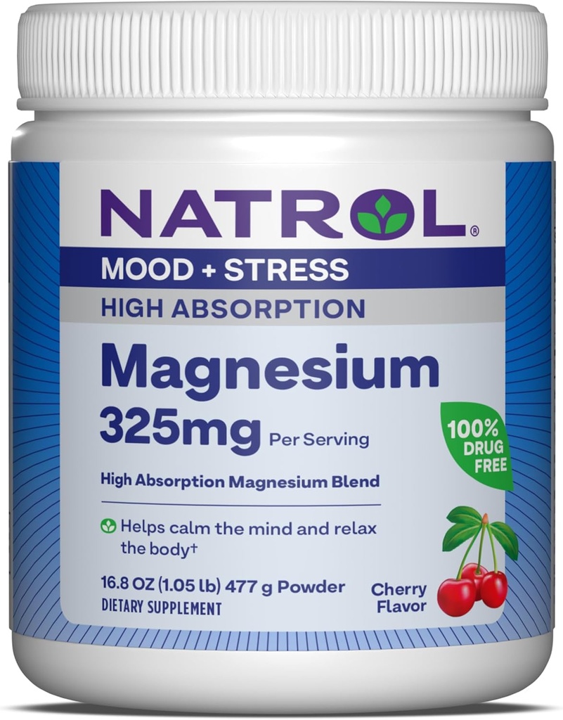 Natrol 镁 325 mg,高吸收性镁 甘油和碳酸盐混合剂,以帮助镇定 心灵和放松 身体,16.8 OZ 樱桃味粉,最多90天的供应量