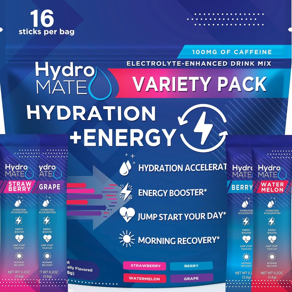 HydroMate 电解质 饮用 混合包装 水解加速器 低糖党 快速恢复 维生素 C + 咖啡因品种 16 棒