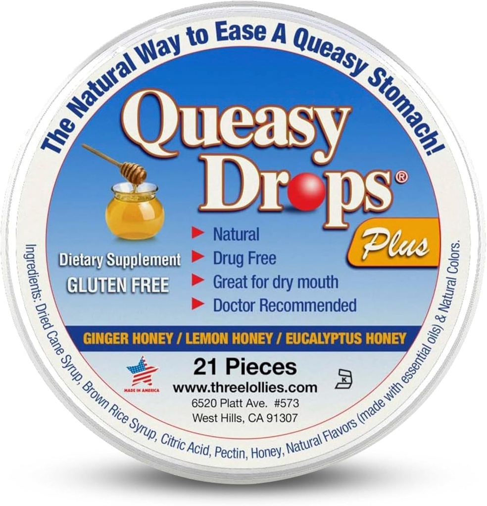 3 Lollies Queasy Drops Plus - Lozenges with Pectin & Honey to Soothe a Dry Mouth - 缓解Nausea & Motion 疾病 - 自然 - 21 cm
