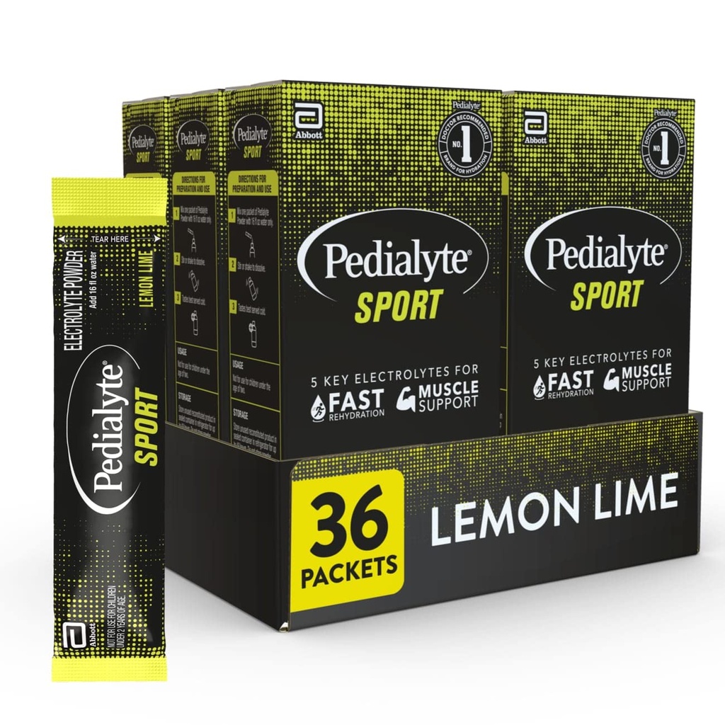 Pedialyte Sport Electrolyte Powder, Fast Hydroption 用5键电解质支持肌肉前,期间,运动后,柠檬莱姆,0.49-oz Packets (36 Counter)