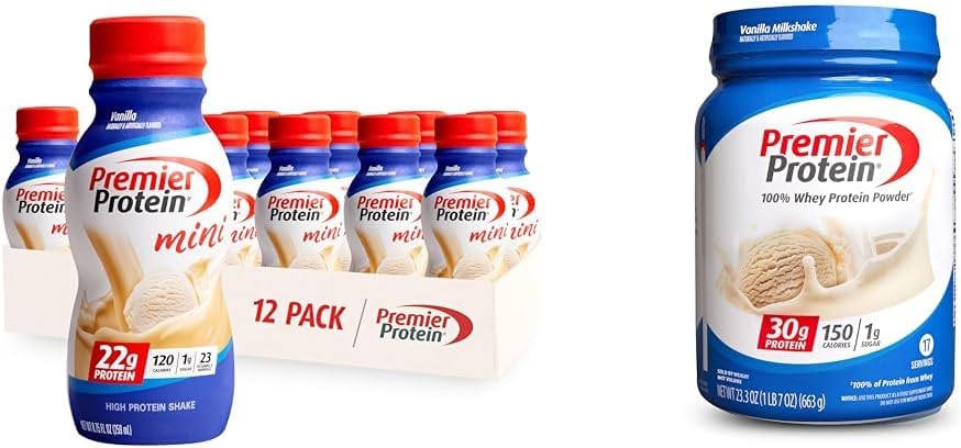 Premier Protein Shake MINIs Vanilla 22g Protein 120 卡路里包 12 & Powder Vanilla 奶昔 30g Protein 17 服务 23.3 Ounces