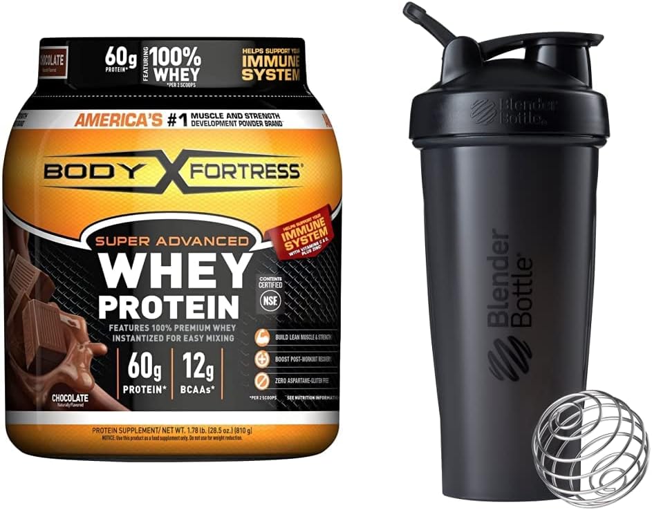身体要塞 超级高级 Whey蛋白粉 巧克力(1.78磅)和BlenderBottle Classic Shaker Bottle(28 oz), 黑色
