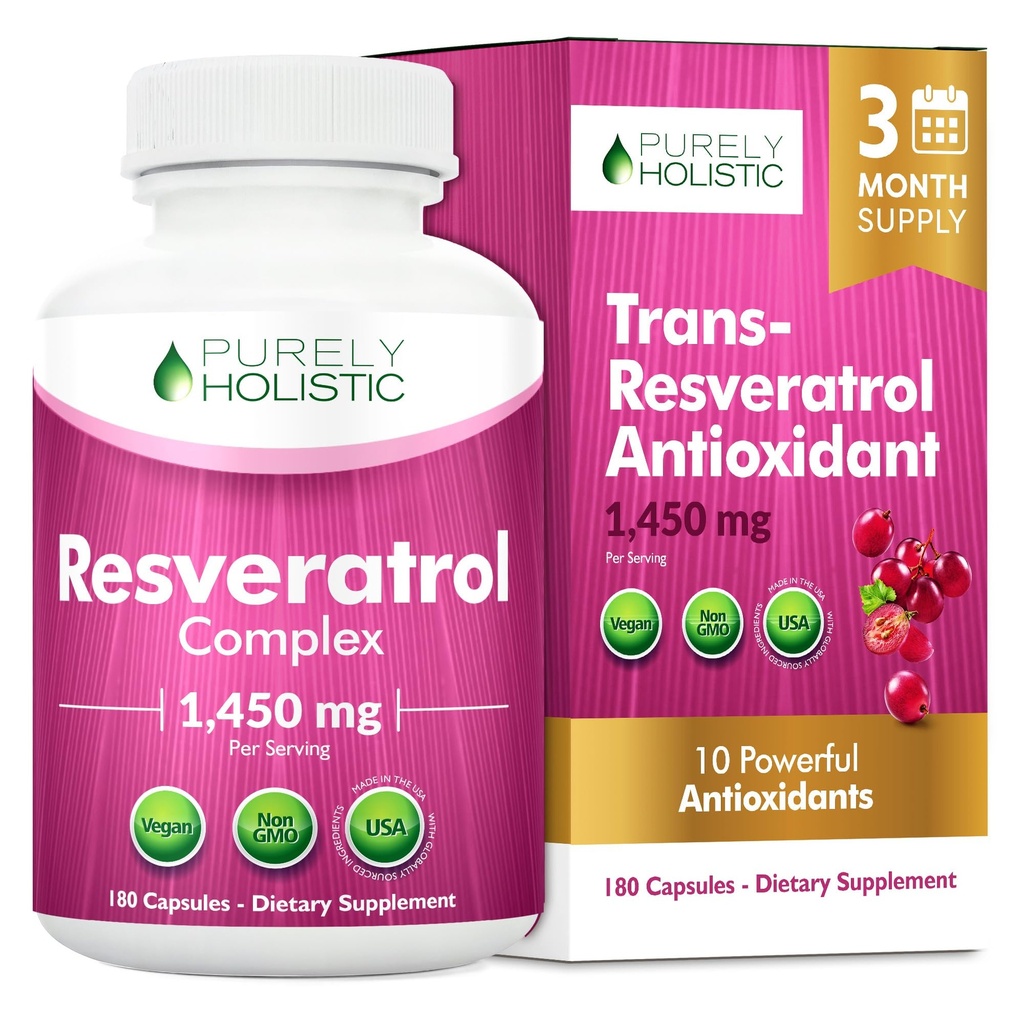 纯Holly Resveratrol 1450mg, 90 services, Trans-Resveratrol 抗氧化剂补充剂,配有维生素C和多酚复合剂,180 Vegan Capsules