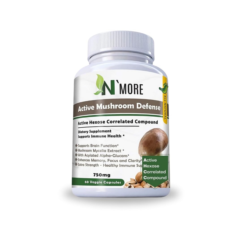N'More 6 Active mushroom Defense 饮食补充 支持免疫健康 60 Veggie Capsules 750 mg