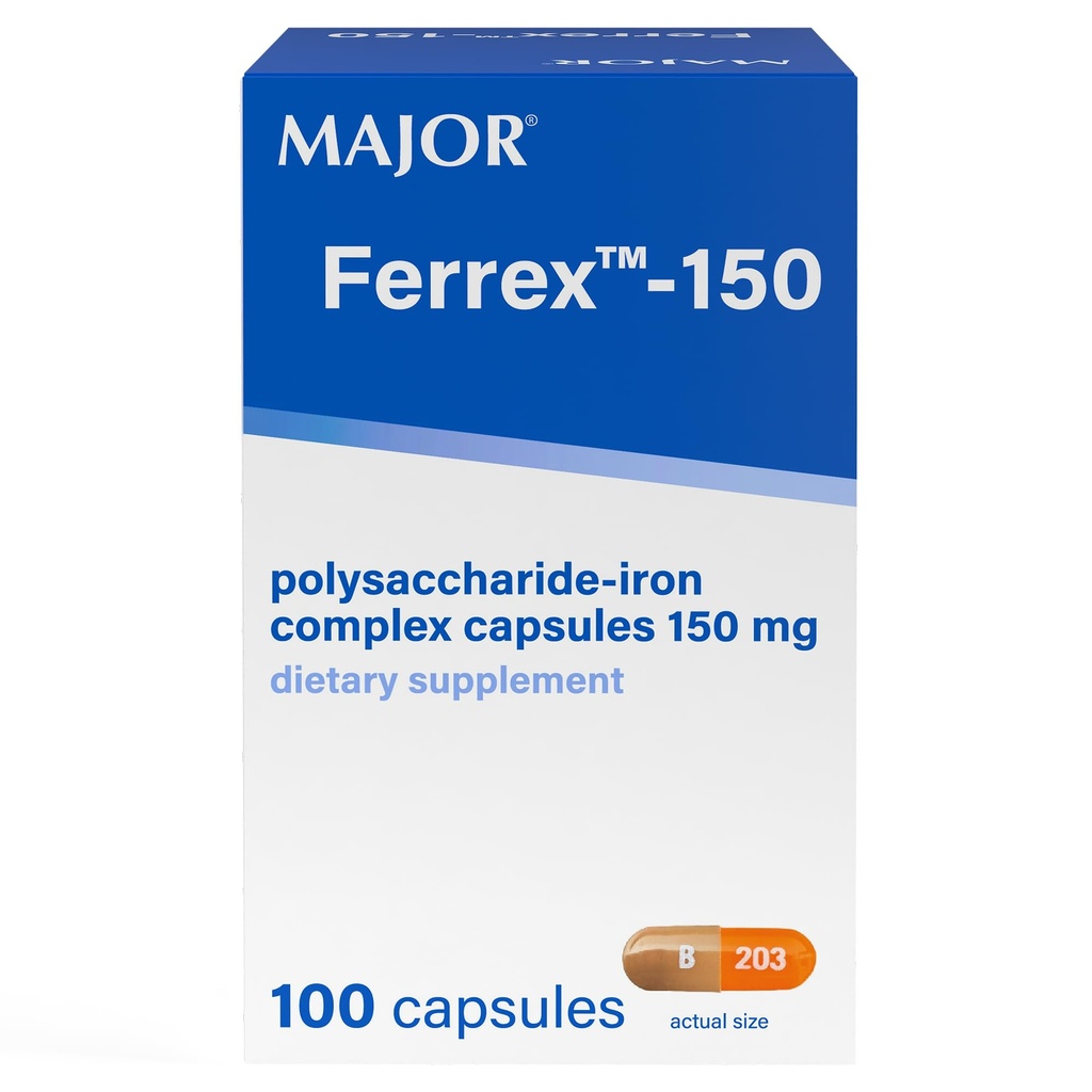 女性和男性150mg的钢铁补充品 — 胃上的温柔 — 100 Capsules