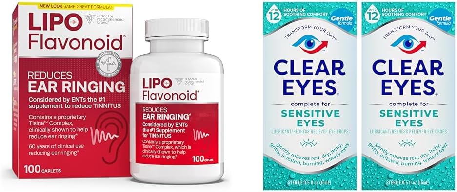Lipo-Flavonoid Tinnitus Relief Ear Health 维他命 100小瓶和清澈眼睛敏感眼珠 0.5 Oz 2 包装盒