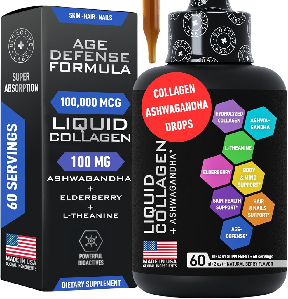 Ashwagandha的男女液体凝胶剂 - 100 000mcg Bovine Collagen饮料,100mg Ashwagandha液体用于Radiant皮肤、头发、钉子和Immune支持 - 2oz Berry Flavor Drops