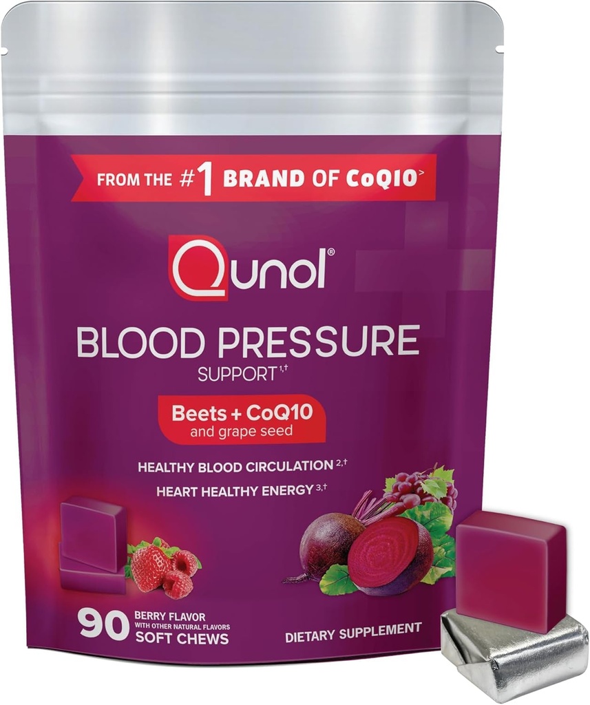 Qunol Beets Chewws for Blood Press Support, 1中的3个 Beets + CoQ10 + Grape种子提取,支持健康血液循环和心脏健康能量, 90个 Chews