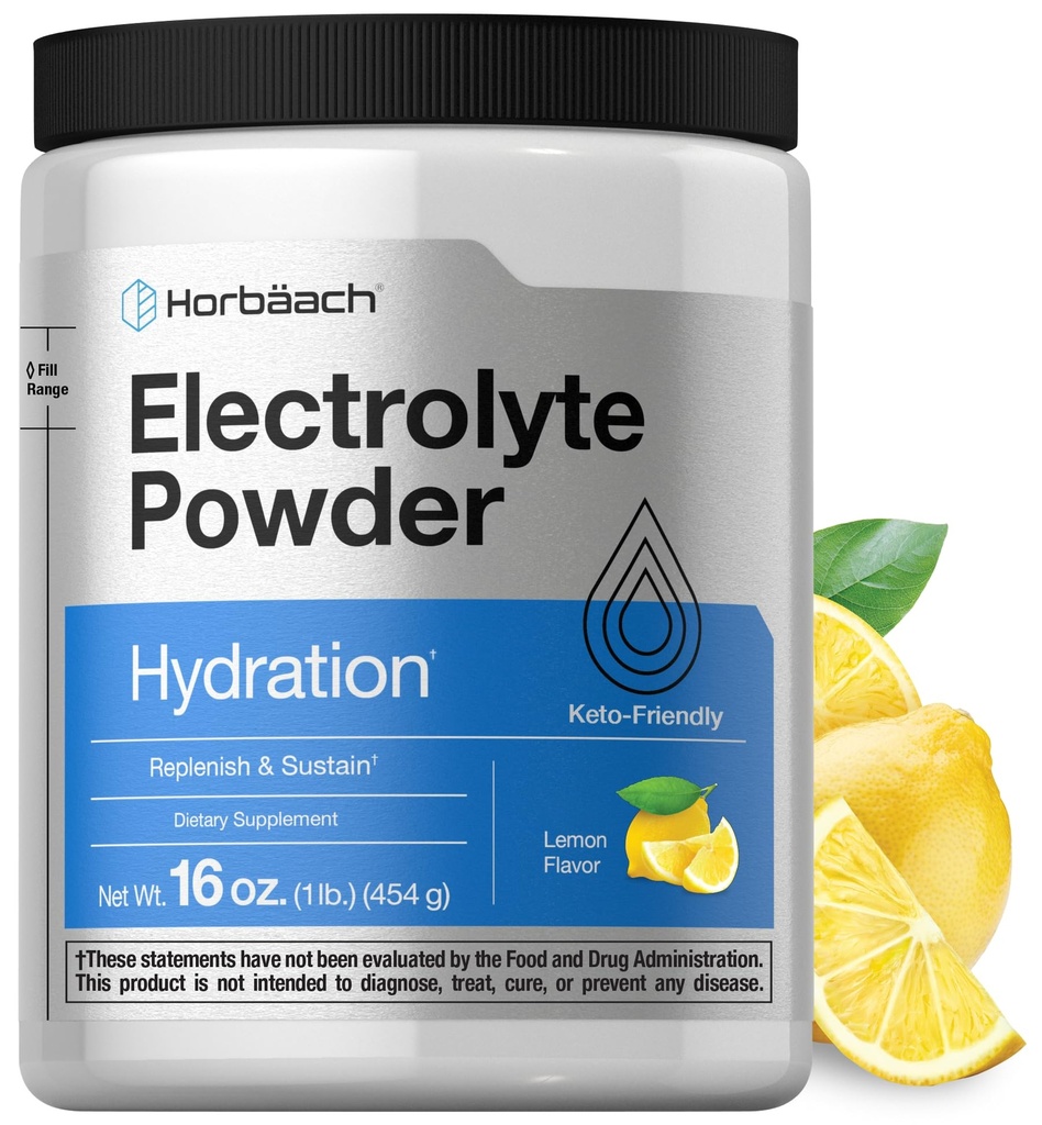 Horbäach Electrolytes Powder 16 oz 130 services 水利补充 植物学家 Keto-Friendly Kon-GMO, Gluten Free Formula | Lemon Flavor