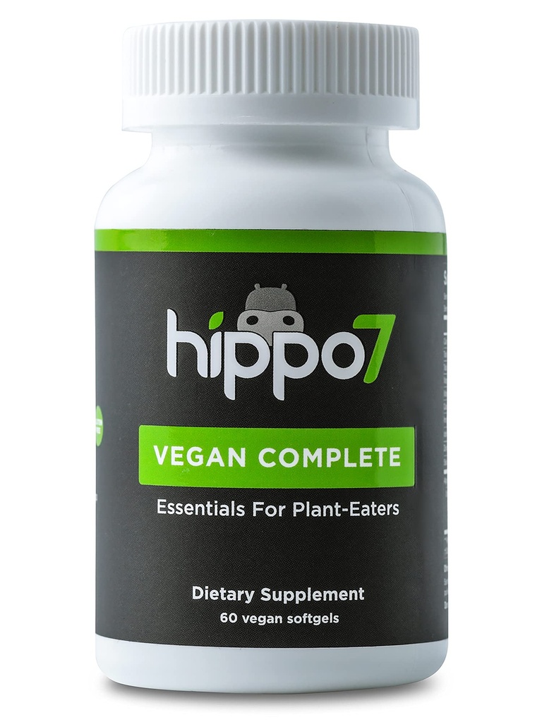 Hippo7 Vegan 完全多维素维生素B12,维生素D,Omega-3 DHA+EPA,钙,碘,锌和铁(1瓶,60软胶)