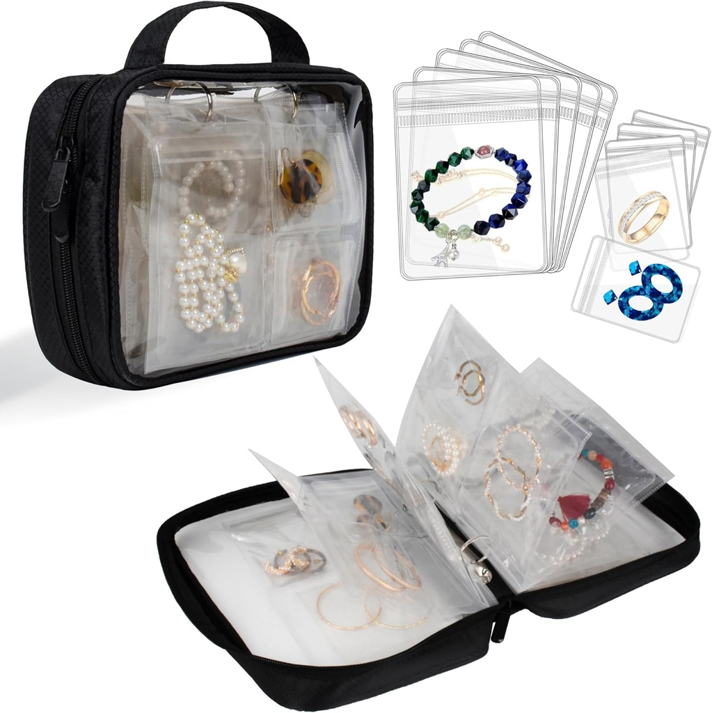 旅行珠宝组织者案件 透明珠宝存储簿 Binder Bag 用于 Earrings, Rings, Necklace, Bracelet, Black