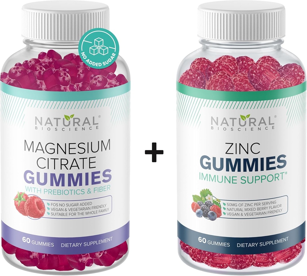 无糖镁(Gummys) & Extra strong 锌(Gummys) Gummys, Vegan, Gluten Free, 冷静,放松,肌肉健康,免疫支持,皮肤健康,非GMO, 60 Gummy 维生素