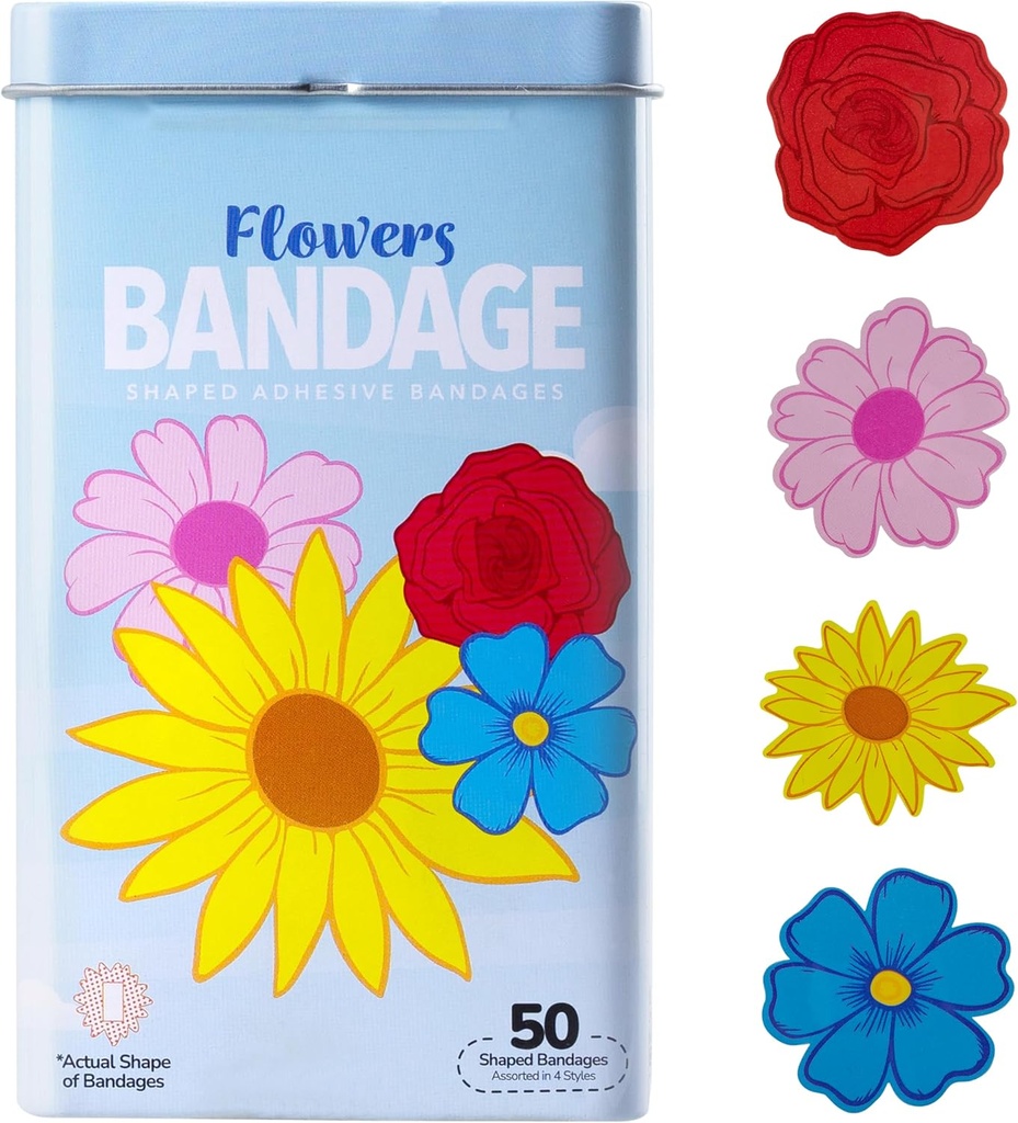 BioSwiss Kids Bandages, Flowers 形状自粘的 Bandage 套装, Latex Free, Sterile 伤病护理, 50 计数