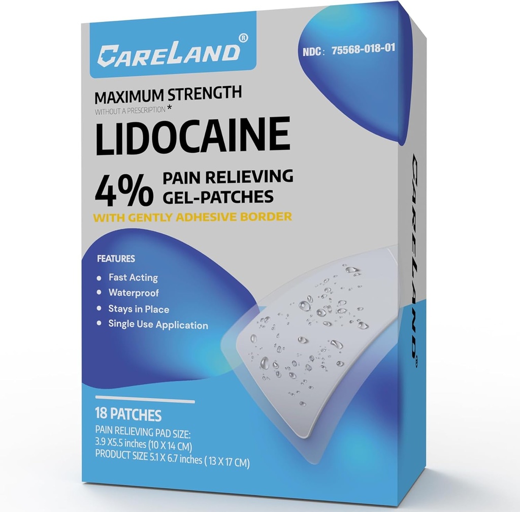 CARELAND 4% Lidocaine 补丁 18 Pcs防水最大回力止痛减痛产品补丁 具有强固边框,为 Neck Knee Nerve 肩部止痛减痛减痛器,超级粘性