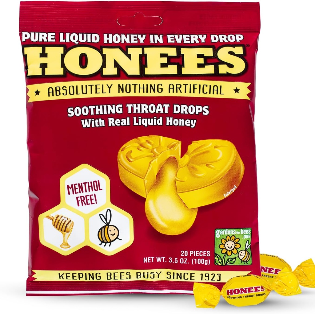 Honees Honey filled Drops, Honey craw Drops with real Honey - Natural Sore Throat Relief - 无人工-喉科 Coat Lozenges,天然咳嗽抑制剂,非GMO,Gluten Free(1包–20滴)
