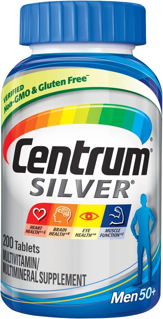 Centrum Silver Multivitamin for Men 50 Plus, 多矿物质补充剂,维生素D3, B-维生素和锌, Gluten Free, 非GMO 成份, 支持老年人的记忆和认知 - 200 Ct