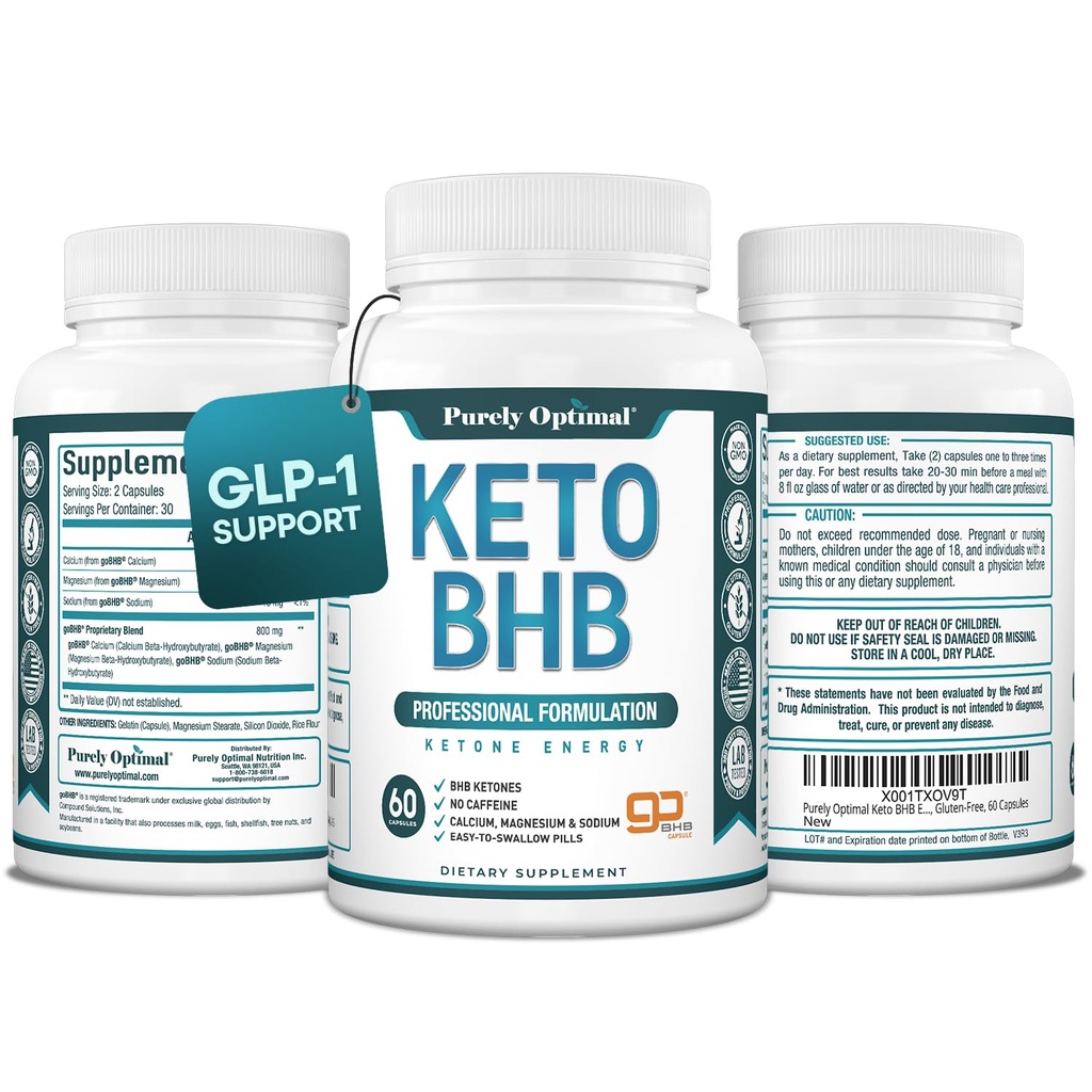 纯最佳Keto BHB Capsules – 用于Ketosis支持,可持续能源,焦点和代谢的外源Ketone Pills – 面向女性和男性,60 Capsules