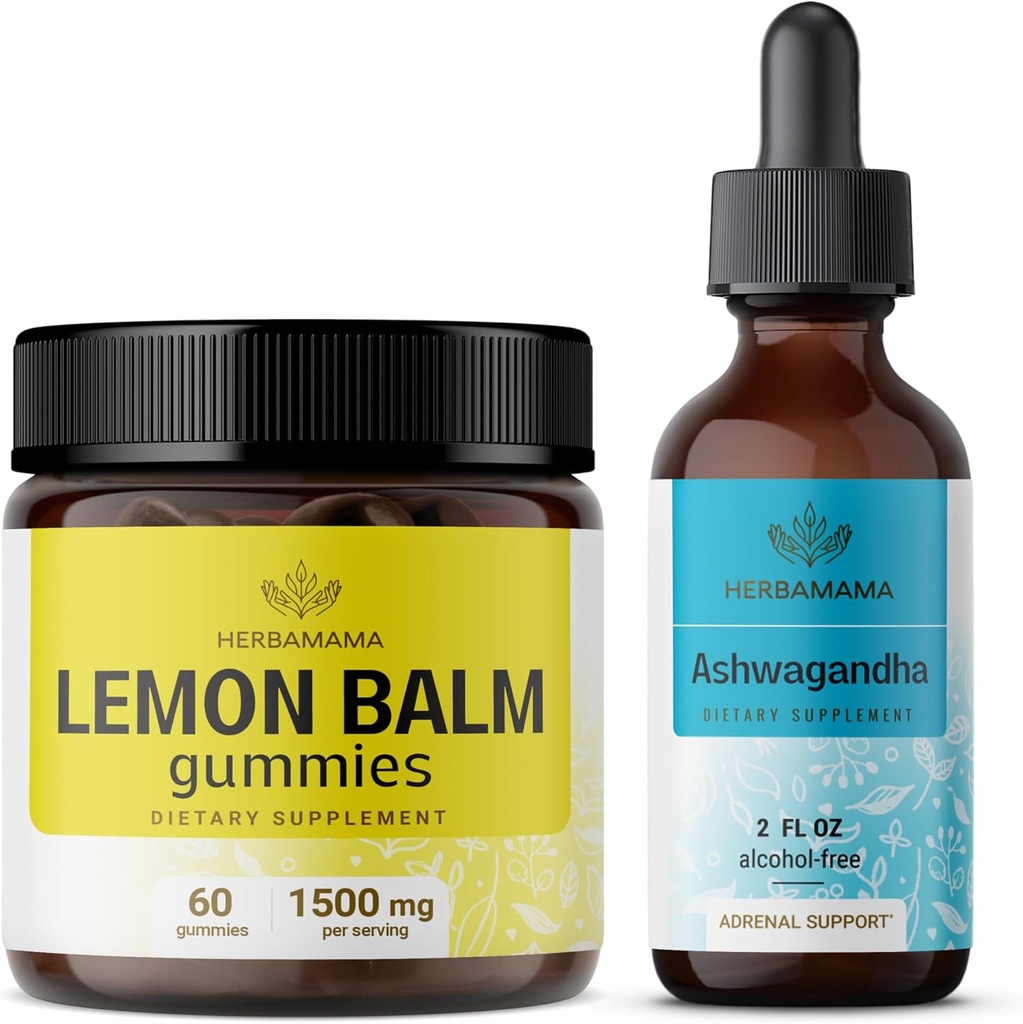 HERBAMAMA 莱蒙·巴尔姆和Ahwagandha Kit - 莱蒙·巴尔姆·古米斯和Ashwagandha液体滴水桶 2 fl oz - Vegan、N-GMO、酒精和无盖拉廷 - 2 包
