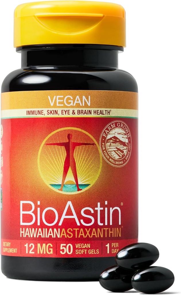 Nutrex 夏威夷 Vegan BioAstin 夏威夷 Astaxanthin - 12mg, 50 Softgels - 农场-Direct Premium 抗氧化剂补充剂 支持眼,皮肤,联合和免疫系统健康 - Vegan, Non-GMO & Gluten-Free