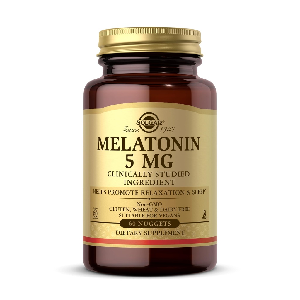 Solgar Melatonin 5 mg, 60 Nuggets - 帮助促进放松和休息 - 临床研究 Melatonin - Vegan, Gluten Free, 奶制品 Free, Kosher - 60 services