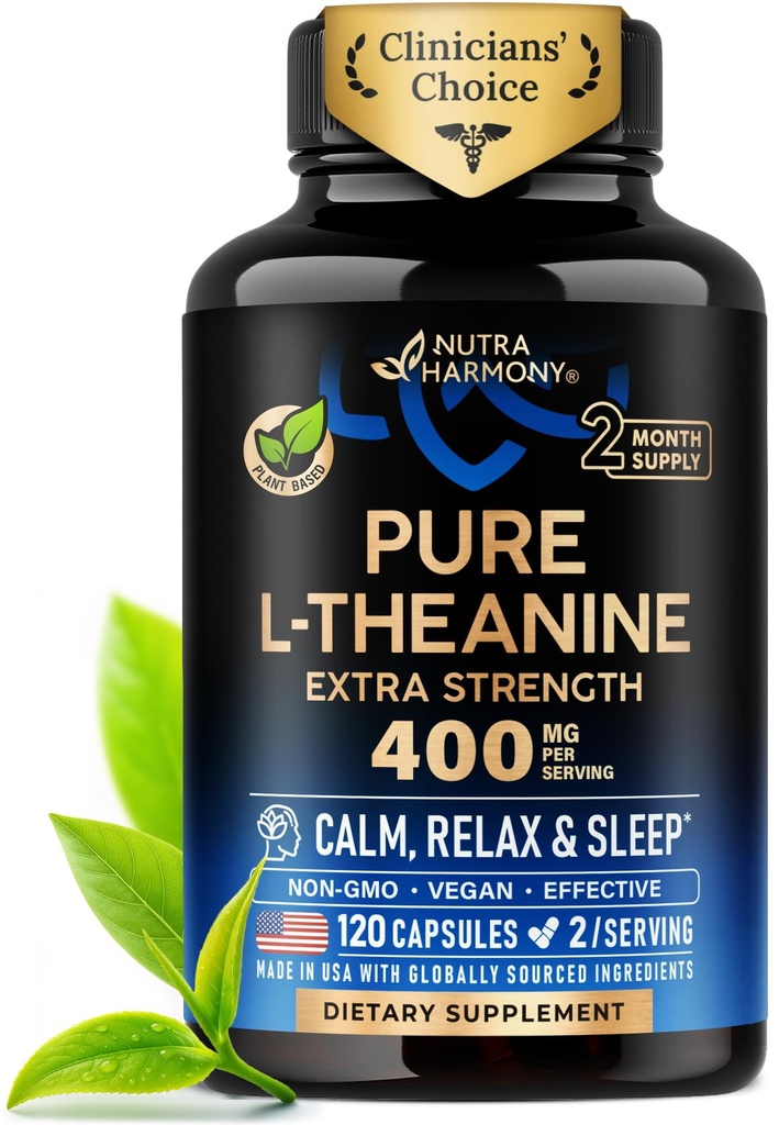 《Theanine 400 mg → L-Theanine压力缓解》《美国制造的超强补充》《放松、睡眠和冷静支持》《基于工厂、非GMO和无胶囊》《Vegan Capsules》