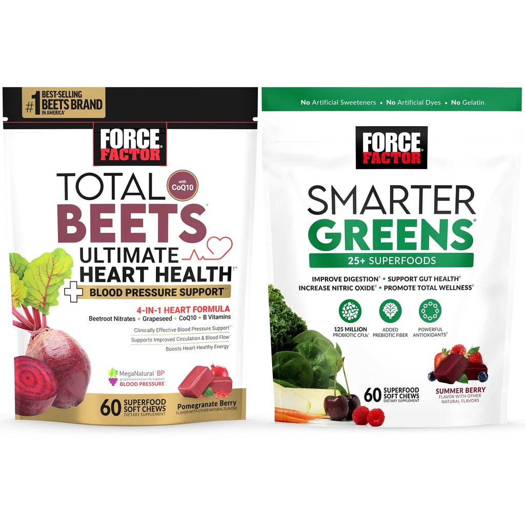 Bundle of Force Information Total Beets Ultimate Heart Health Blood 血压支持与CoQ10,60 Soft Chews + Smarter Greens Superfood Chews, 支持文摘,60 Soft Chews