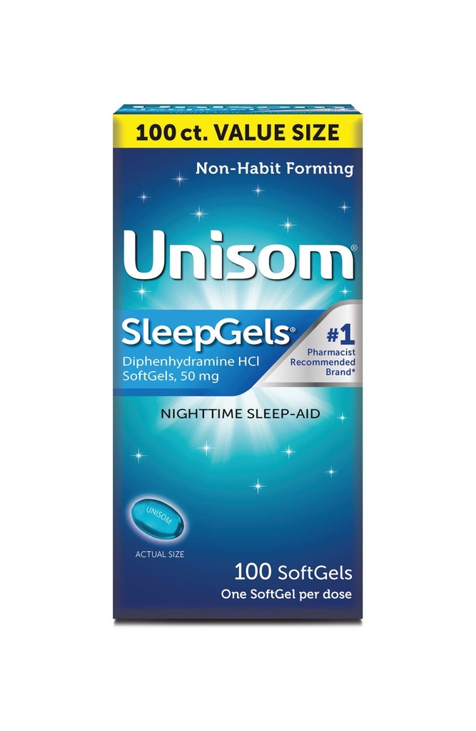 Unisom 夜间睡眠援助 Gels, 二苯胺 CHI 50mg, 100 计数