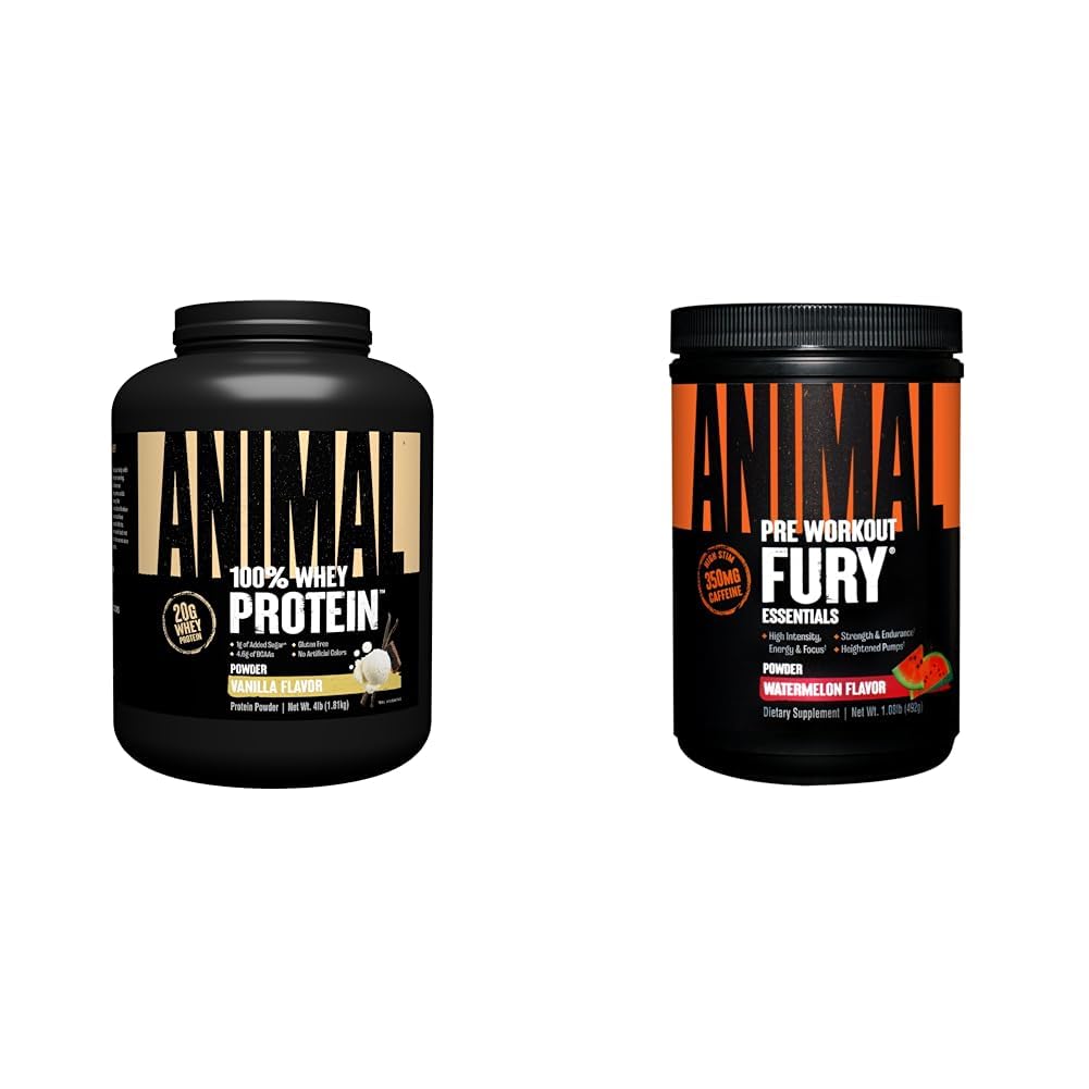 动物100% Whey蛋白质 粉末 香草 4lb Bundle Fury Pre Workout Powder 补充 西瓜 16.96oz
