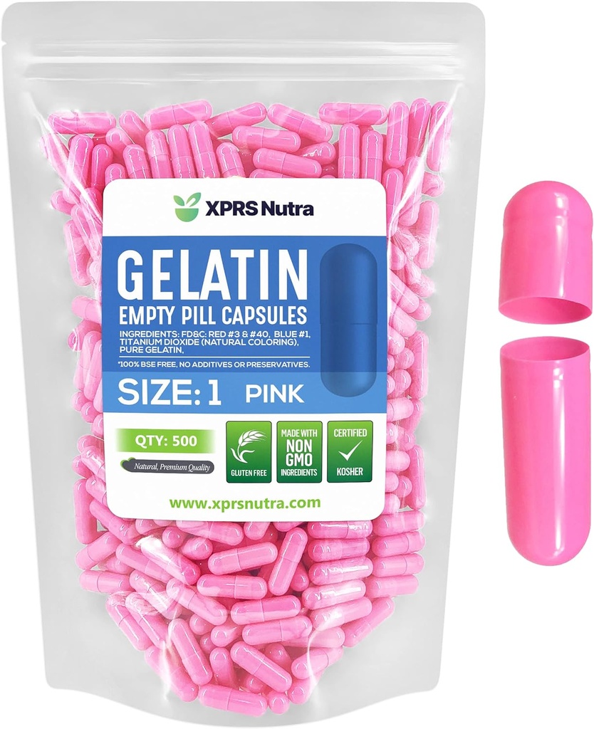 XPRS Nutra 大小 1 空盖章 - 500 个空盖章 - Pill DIY 盖章 填充 - Do- It- Yourself 补充品纯 Bovine Pill Gel 盖章 (Pink)