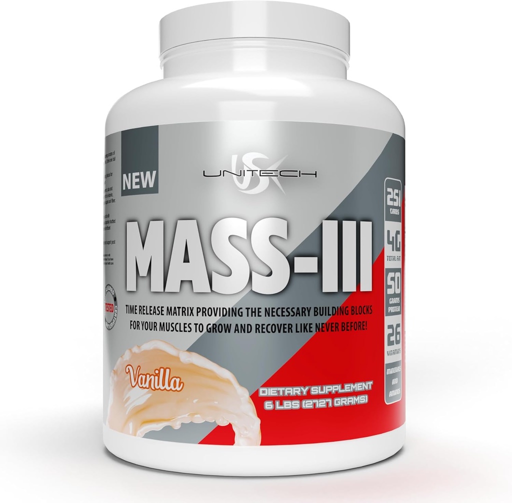 Unitech USK Mass Vanilla Powder → Absorbable Mass Gainer Supplement → 富含蛋白质、维生素、蛋白质和矿物 → 蛋白质孤立和集中 → 支持肌肉生长和复苏 → 香草,96oz