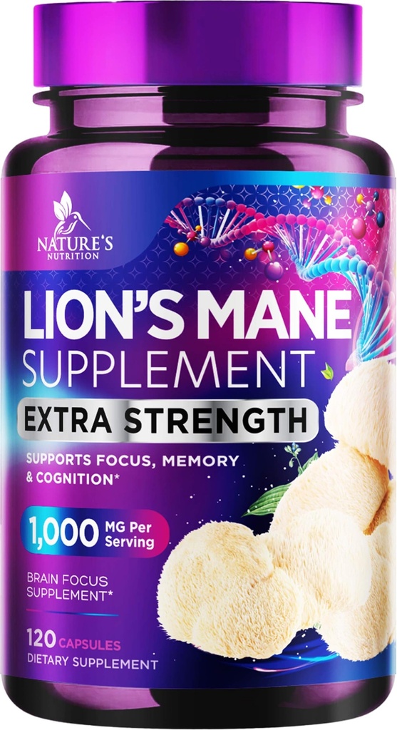 Lions Mane Mushroom Capsules 10,000mg - 狮子的 Mane 补充 Capsules 用于记忆和焦点支持,脑,免疫健康支持,Vegan, Bottled in America, Lions Mane Mushroom Powder Extract, 120 Count