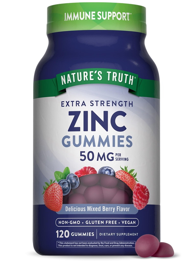 (原始内容存档于2018-09-04). Nature's Truth Zinc Gummys for addors | 50mg | 120 Counter | Vegan, Non-GMO & Gluten Free Supple | Mixed Berry Flavor.