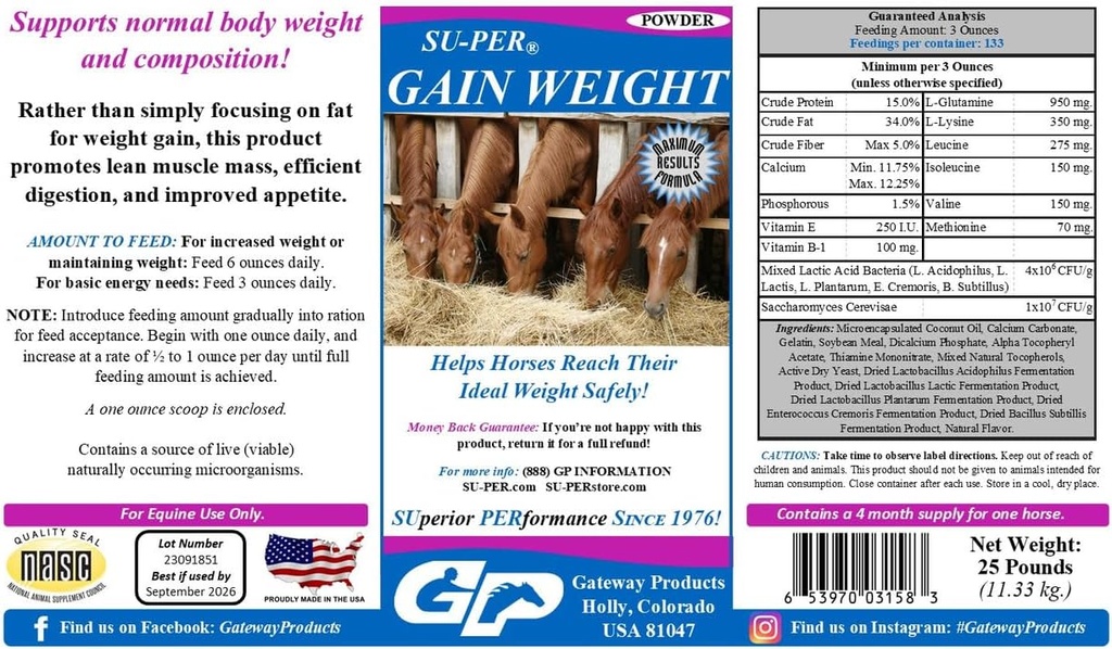 SU-PER Gain Weight for Horses - Equine Supplement Weight Gainer for Horses - Promotes Lean Muscle Mass, Digestion & Appetite - 25 Pound, 4 Month Supply