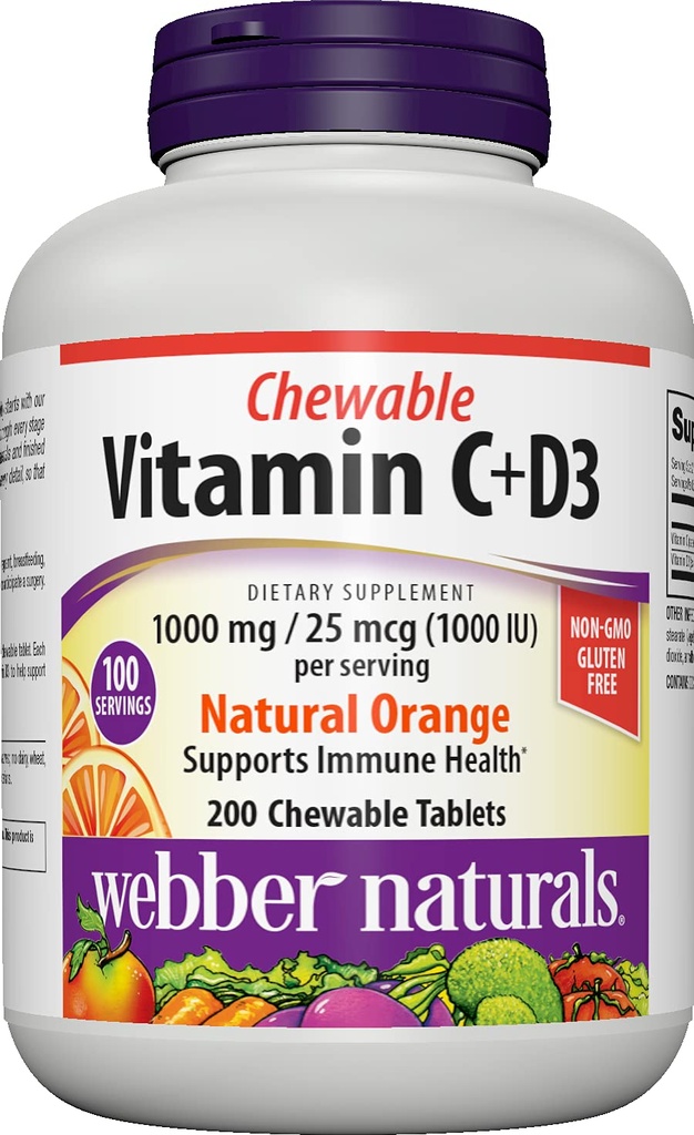 Webber 天然维生素 C+D3,200 可嚼橙片,1000 mg 维生素 C,1000 IU 维生素 D3 活性、骨骼、牙齿、免疫和抗氧化剂支持、非转基因生物、乳制品和无葡萄糖