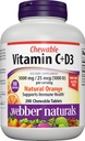 Webber 天然维生素 C+D3,200 可嚼橙片,1000 mg 维生素 C,1000 IU 维生素 D3 活性、骨骼、牙齿、免疫和抗氧化剂支持、非转基因生物、乳制品和无葡萄糖