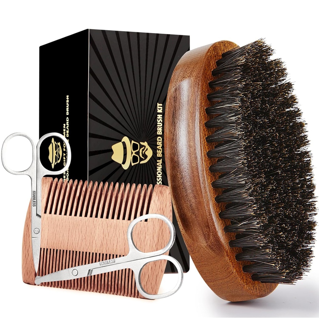 Sosoon Beard brush for Men, 100%纯波尔 Bristle 比尔 Brid brush, Beard Groming set 包括 比尔 Comb, 2 Pcs 胡子剪刀和旅行包