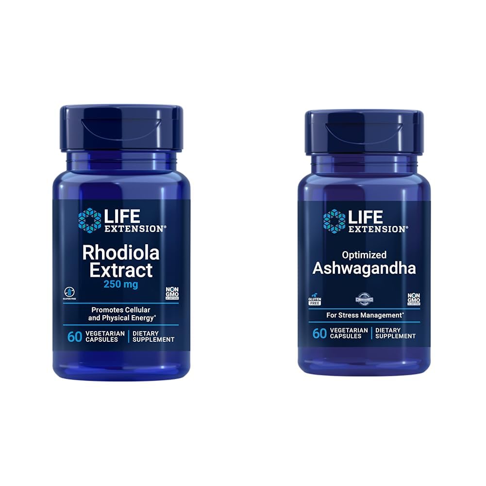 生命延伸Rhodiola和Ashwagandha Extract Bundle、Rhodiola rosea和Ashwagandha 补编,各60卡普勒