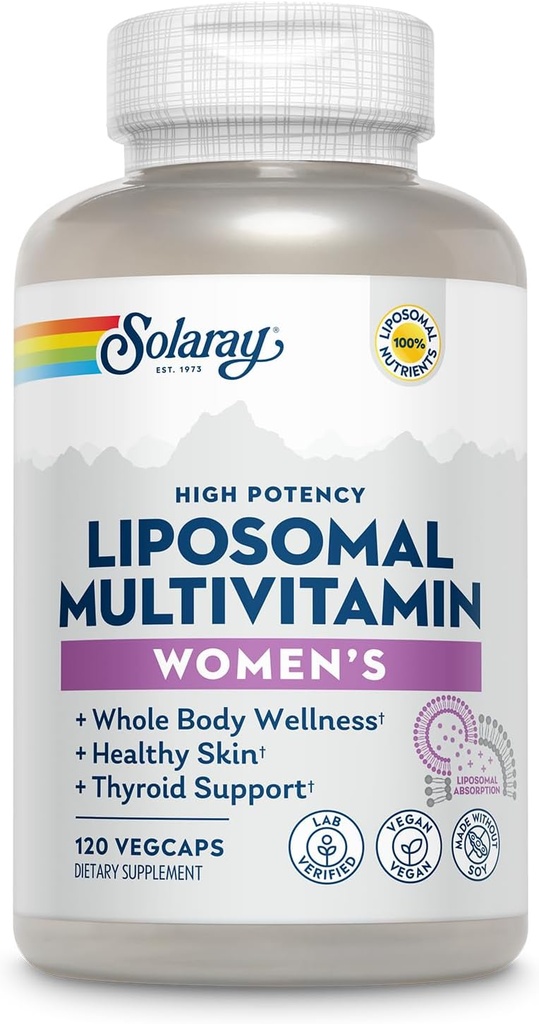 SOLARAY Liposomal 多维明用于妇女,强化吸收,高发性w/Iron,维生素D,维生素C,B12,Biotin,CoQ10,免疫支持,骨质健康,Vegan,60名服务员,120名VegCaps