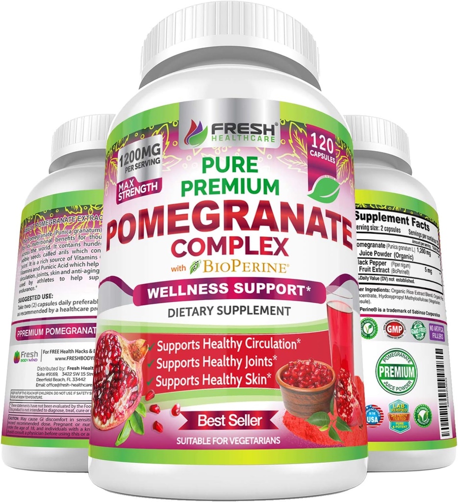 Premium Pomegranate 汁粉补充剂 1200mg, 支持健康血压, 关节, 皮肤和抗衰老与生物素黑辣椒, 强抗氧化剂与维生素 C & K, 120 Vegan Capsules