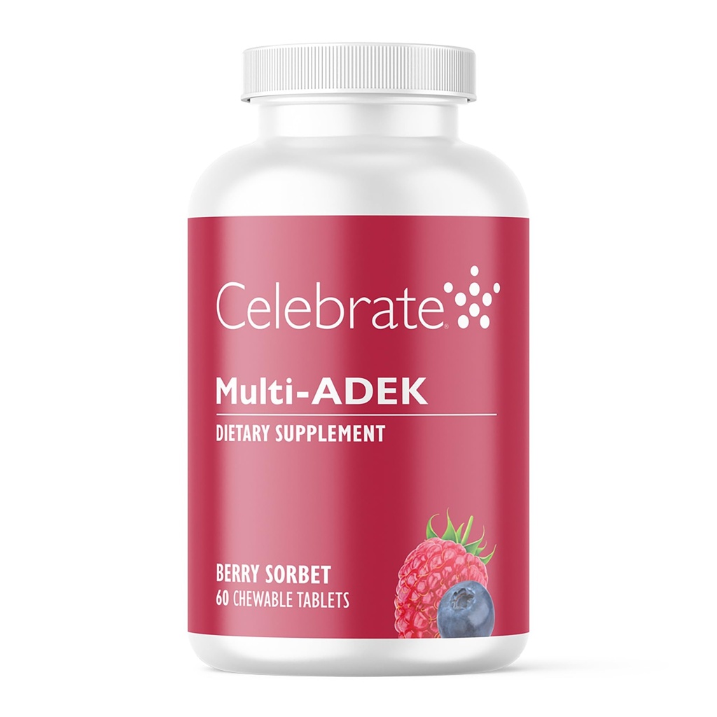 庆祝维生素多ADEK Chewables,无铁 - 每日巴里亚特里多维生素,A,D,E,K & B12高级维生素A-Duodenal Switch外科患者-Berry Sorbert(60片)