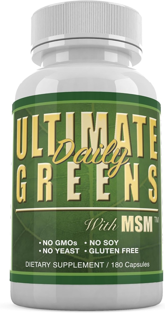 Daily Health, Ultimate Greens with MSM 1925mg Vegan Friendly Natural Ingredients Superfood Vegetable Nutritional Alkalizing Immune Energy Support Supplement 180 Capsules (1 Month Supply)