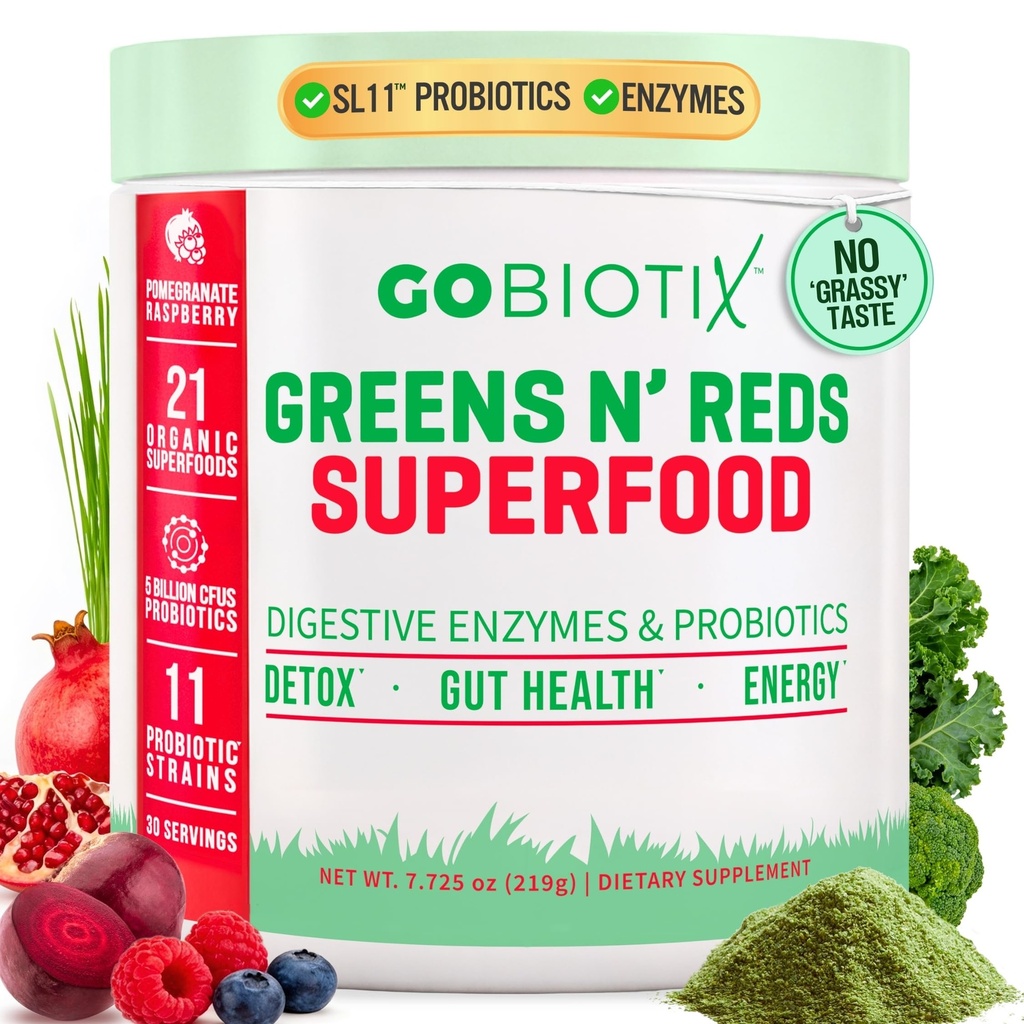 GOBIOTIX 超级绿与红粉 - 红与绿色超级食品 - 亲生补充 - 消化酶和甜菜根粉 - 有机全食补充(Pom Raspberry, 1 Pack)