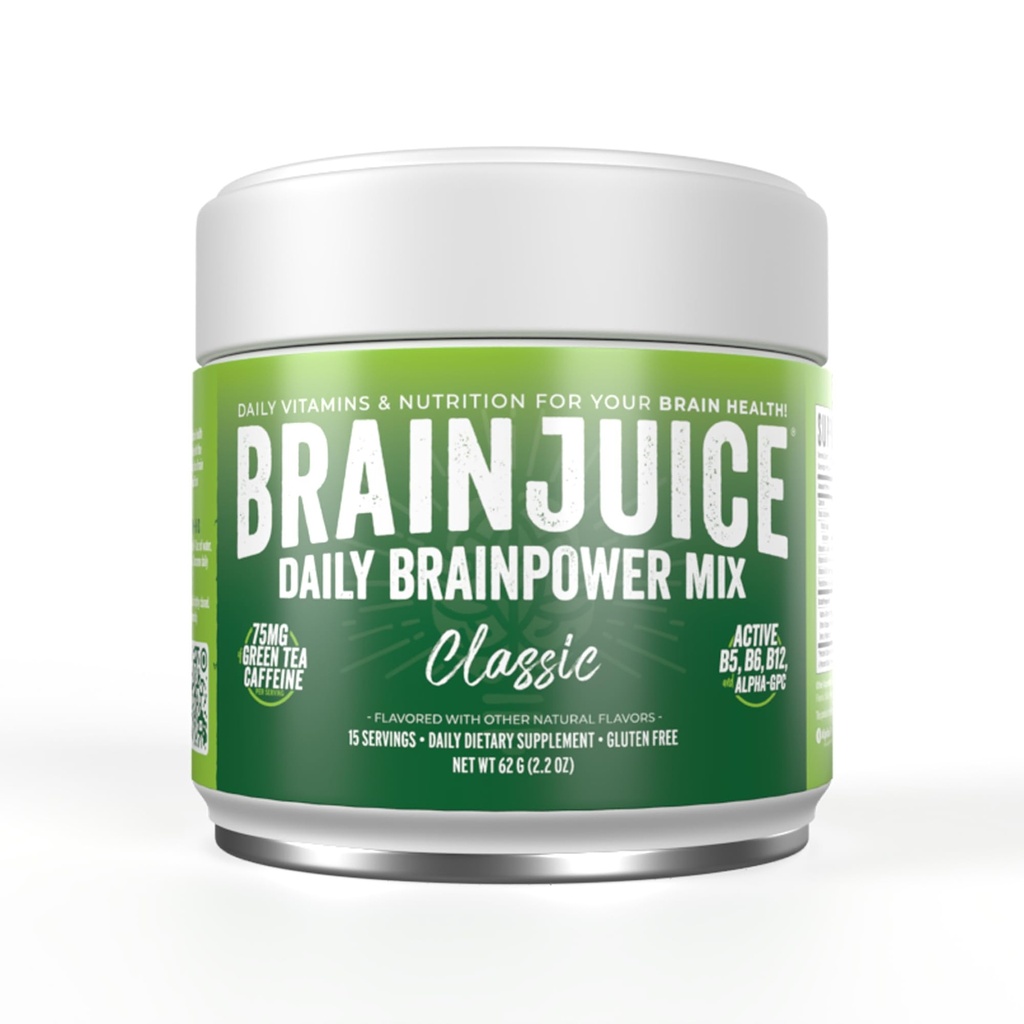 BrainJuice Nootropics Brain Supports, Gluten Free Power for Energy and Focus, Drink Mix with L Theanine, Alpha GPC, Vitamin B, 有机绿色茶叶提取咖啡因, Classic, 15 services