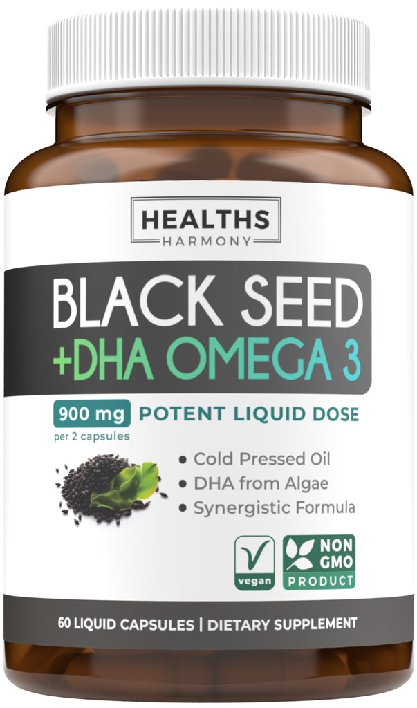 冷面黑种子油盖 - Vegan Non-GMO Nigella Sativa 黑种子油补充剂 Omega 3 DHA 用于全身健康与脑支持 - Vegan Omega 3 & Thymoquinone-Rich(1个月)