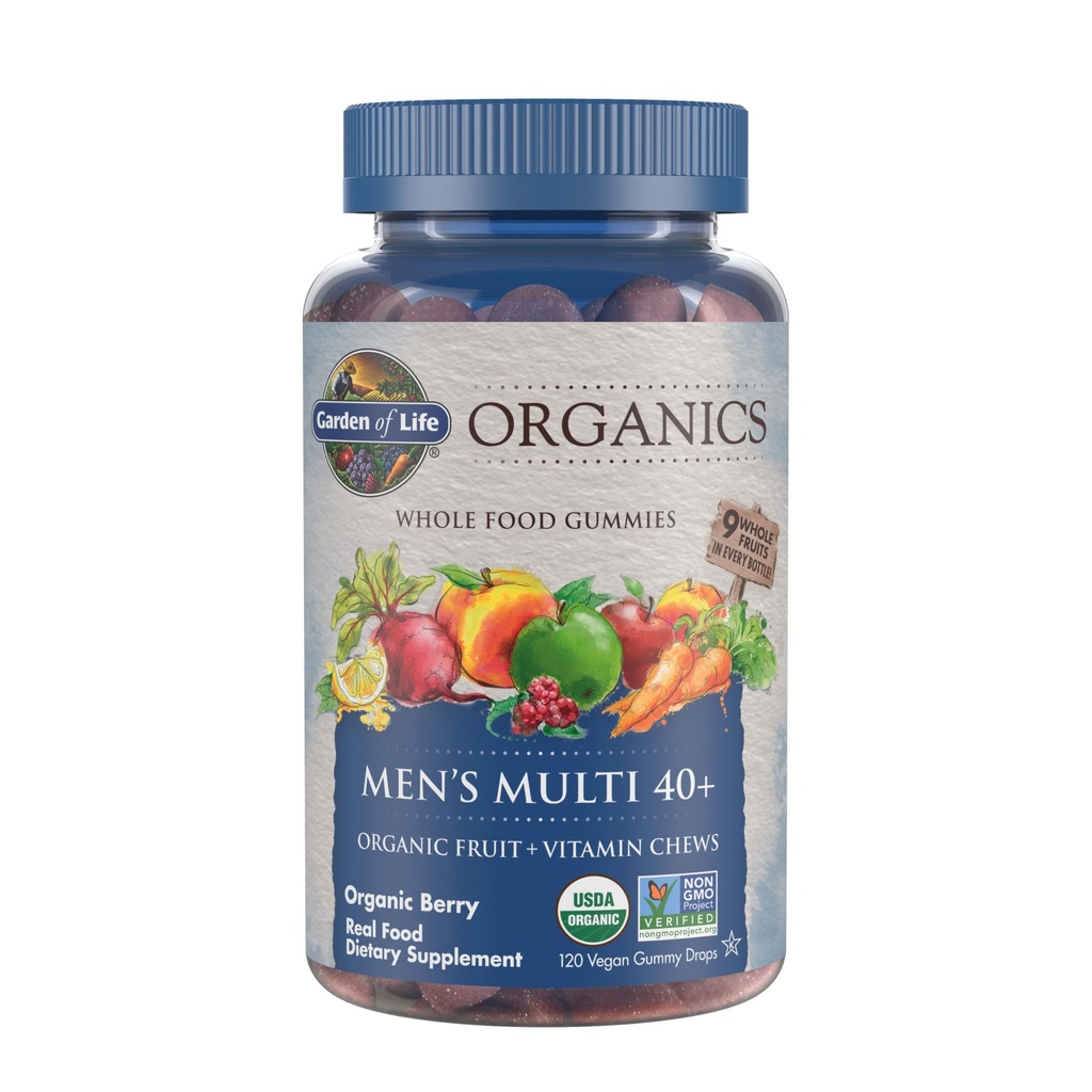 Garden of Life Organics Men 40+ Gummy Vitamins - Berry - Certified Organic, Non-GMO, Vegan, Kosher Complete Multi - Methyl B12, C & D3 - Gluten, Soy & Dairy Free, 120 Real Fruit Gummies