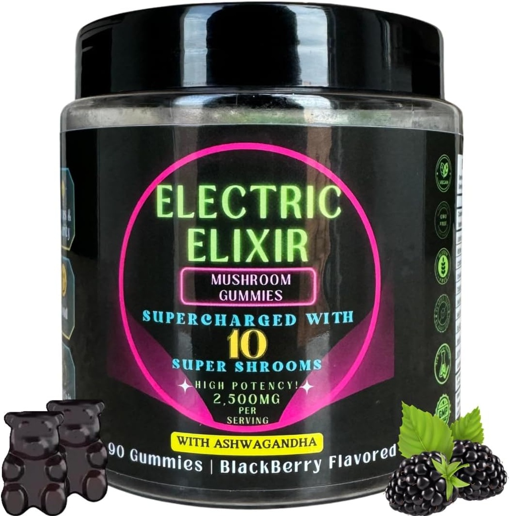 Lion's Mane & Ashwagandha Supplement Mushroom Gummys - Organ, Vegan, Nootropic, Glutenfree - 综合补充大脑焦点,能源,Mood & Stamina - 10 Mushroom Blend 90 Count BlackBerry